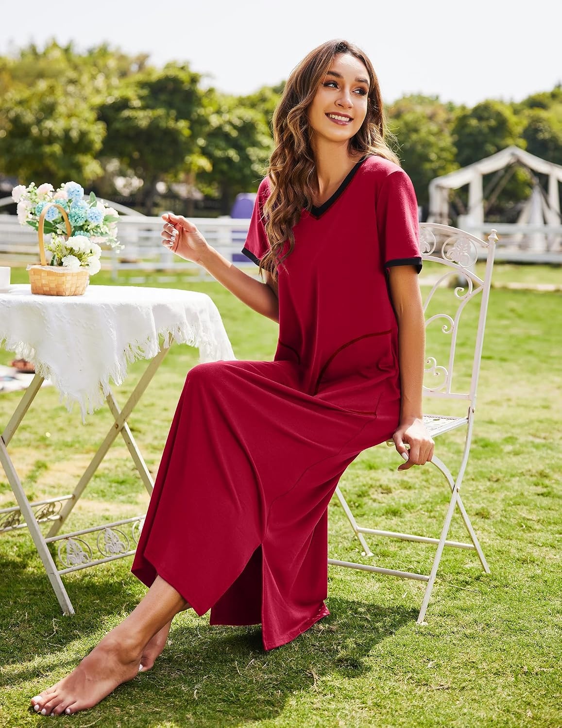image:imageEkouaer Long Nightgowns for Women Short Sleeve Night Gown with PocketsAwine Red