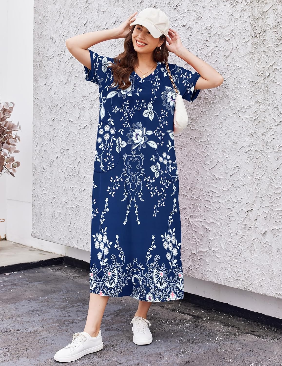 image:imageEkouaer Long Nightgowns for Women Short Sleeve Night Gown with PocketsBlue Ethnic Flower