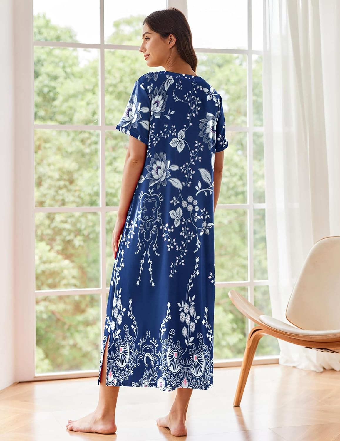 image:imageEkouaer Long Nightgowns for Women Short Sleeve Night Gown with PocketsBlue Ethnic Flower
