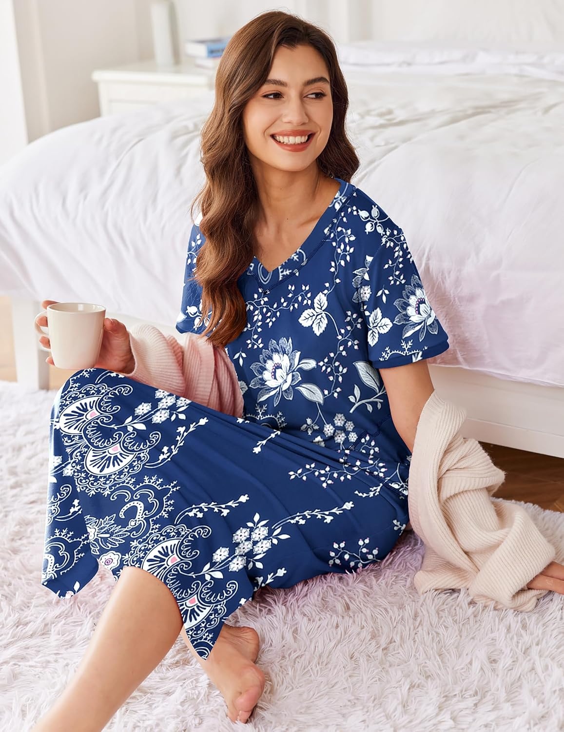 image:imageEkouaer Long Nightgowns for Women Short Sleeve Night Gown with PocketsBlue Ethnic Flower