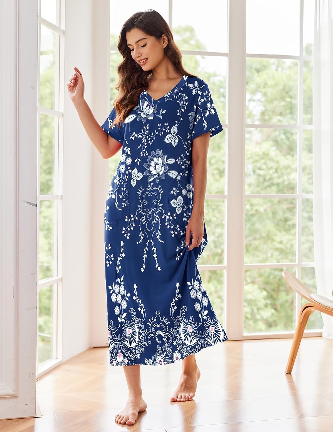 image:imageEkouaer Long Nightgowns for Women Short Sleeve Night Gown with PocketsBlue Ethnic Flower