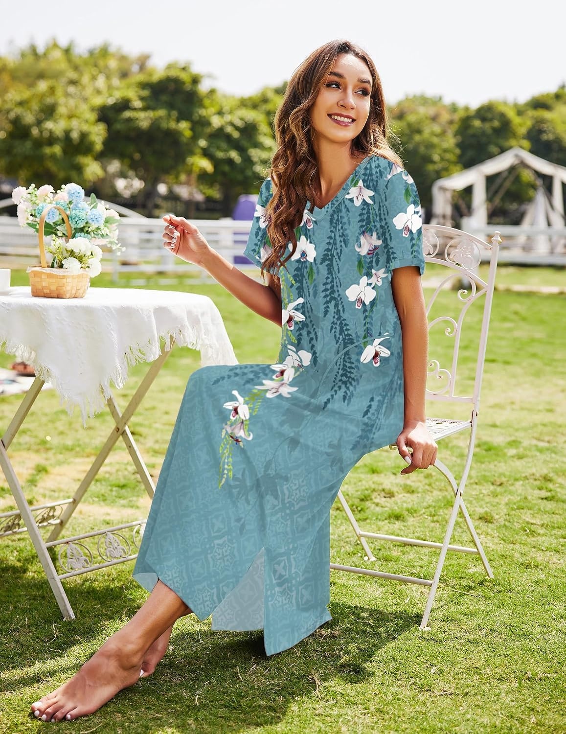 image:imageEkouaer Long Nightgowns for Women Short Sleeve Night Gown with PocketsBlue Floral