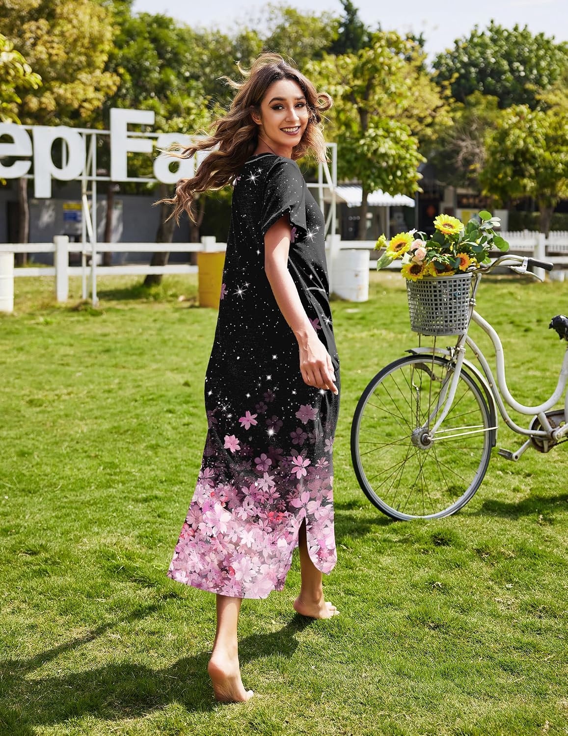 image:imageEkouaer Long Nightgowns for Women Short Sleeve Night Gown with PocketsCherry Blossoms
