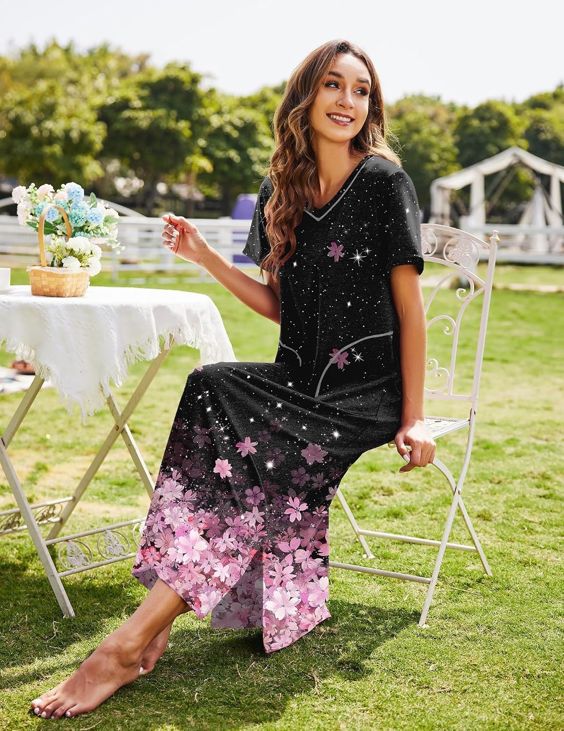image:imageEkouaer Long Nightgowns for Women Short Sleeve Night Gown with PocketsCherry Blossoms