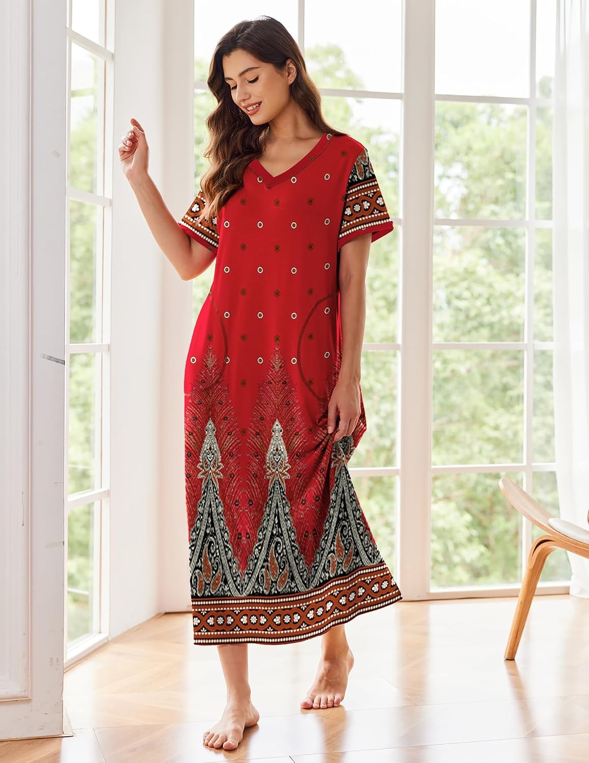 image:imageEkouaer Long Nightgowns for Women Short Sleeve Night Gown with PocketsFeather