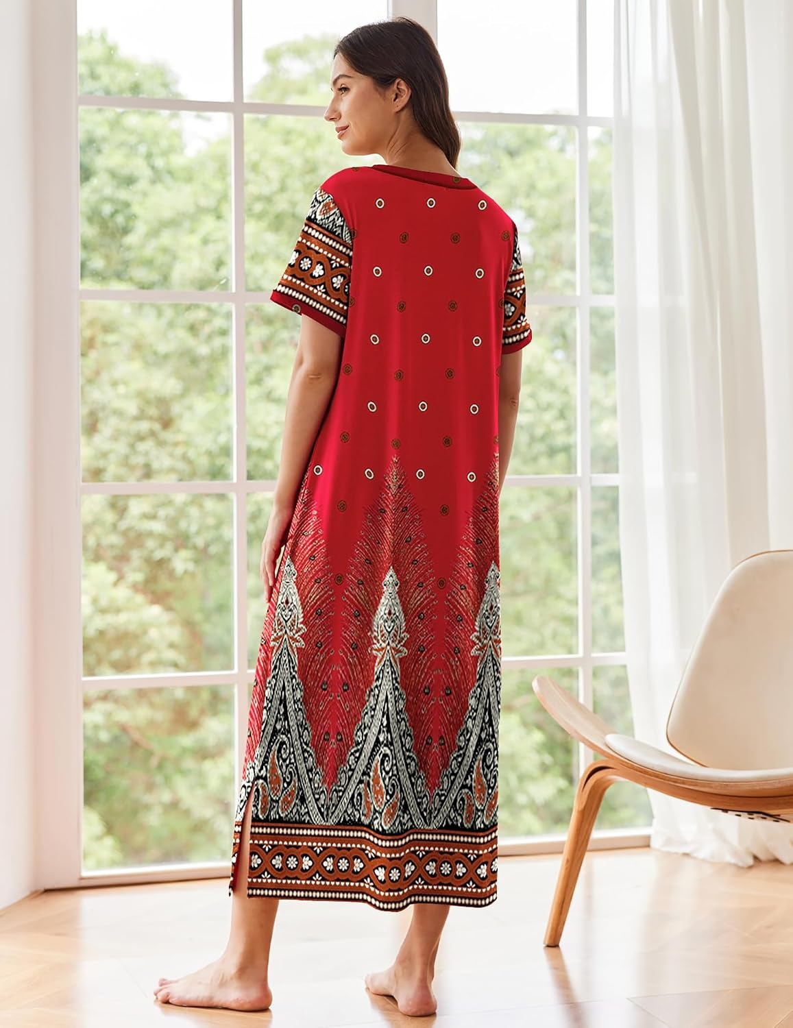 image:imageEkouaer Long Nightgowns for Women Short Sleeve Night Gown with PocketsFeather