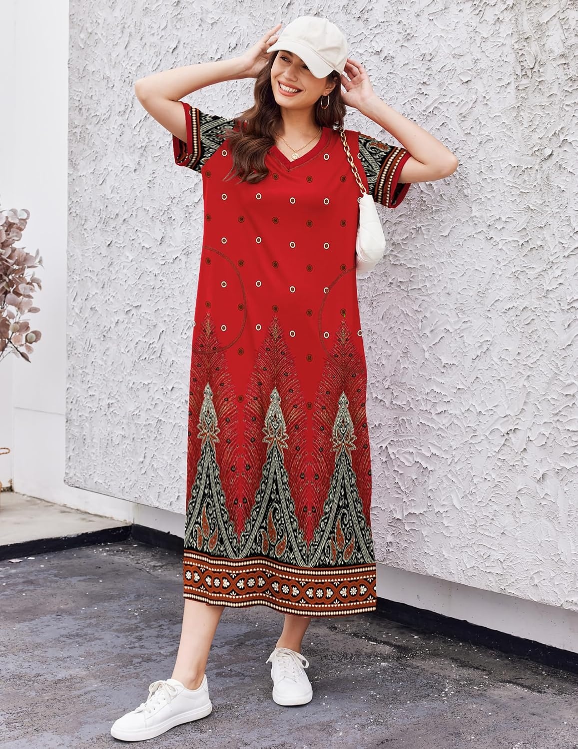 image:imageEkouaer Long Nightgowns for Women Short Sleeve Night Gown with PocketsFeather