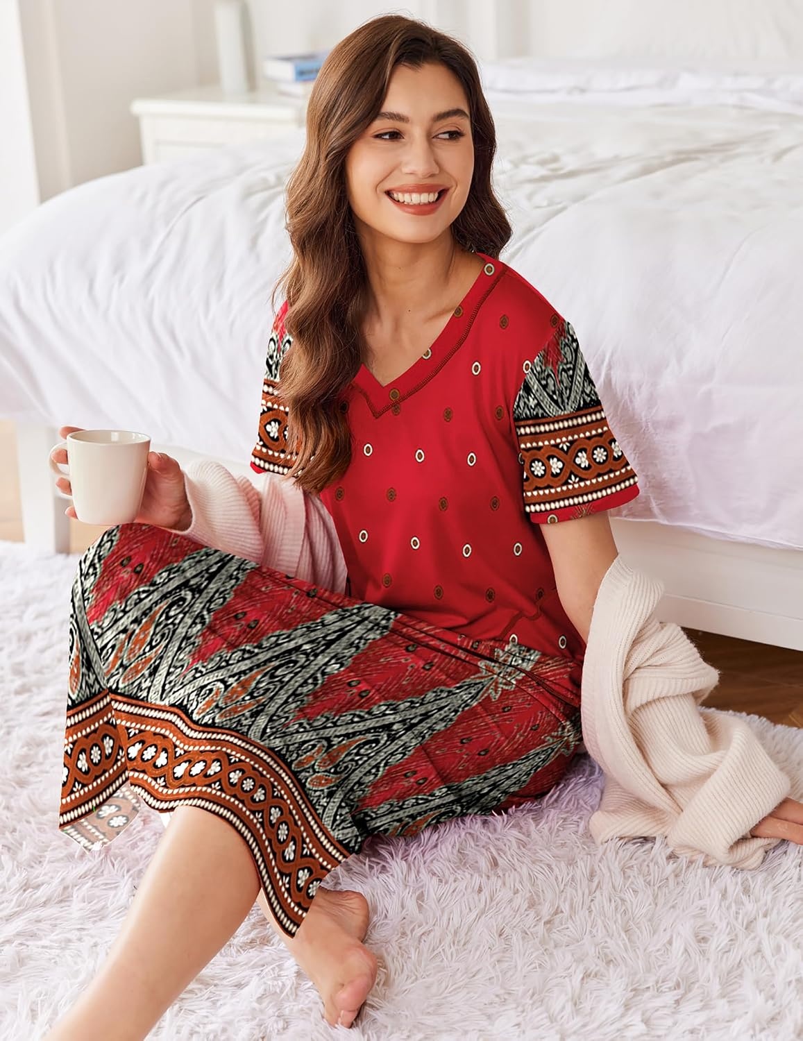 image:imageEkouaer Long Nightgowns for Women Short Sleeve Night Gown with PocketsFeather