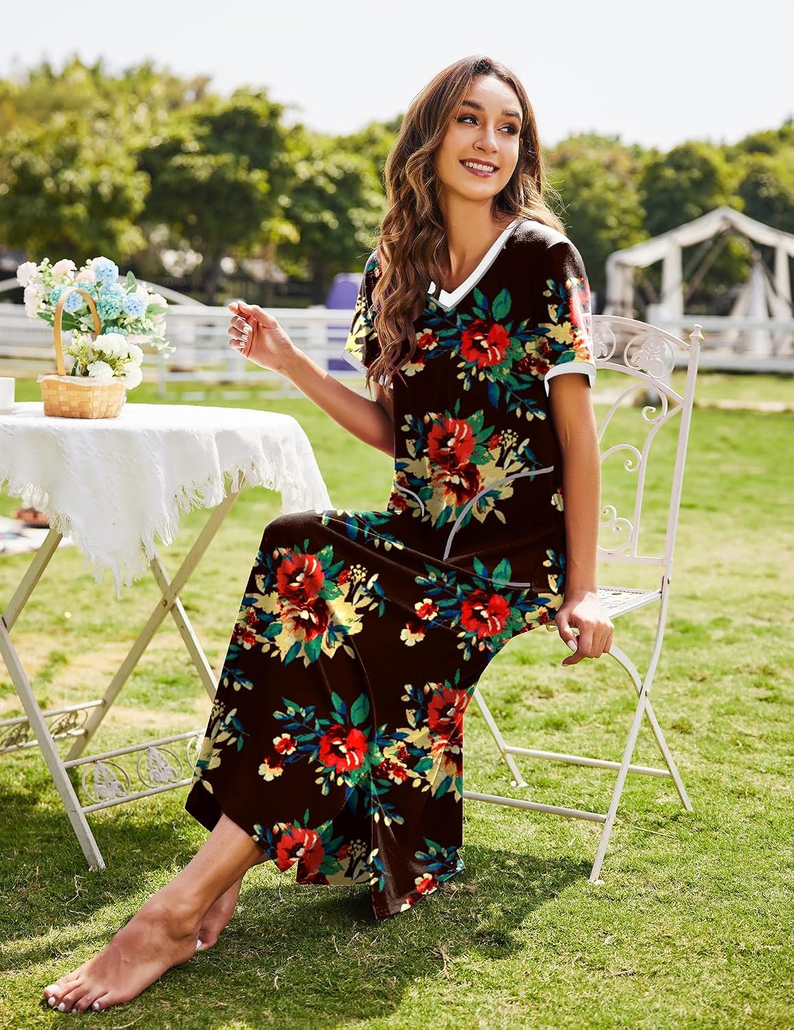 image:imageEkouaer Long Nightgowns for Women Short Sleeve Night Gown with PocketsPat13