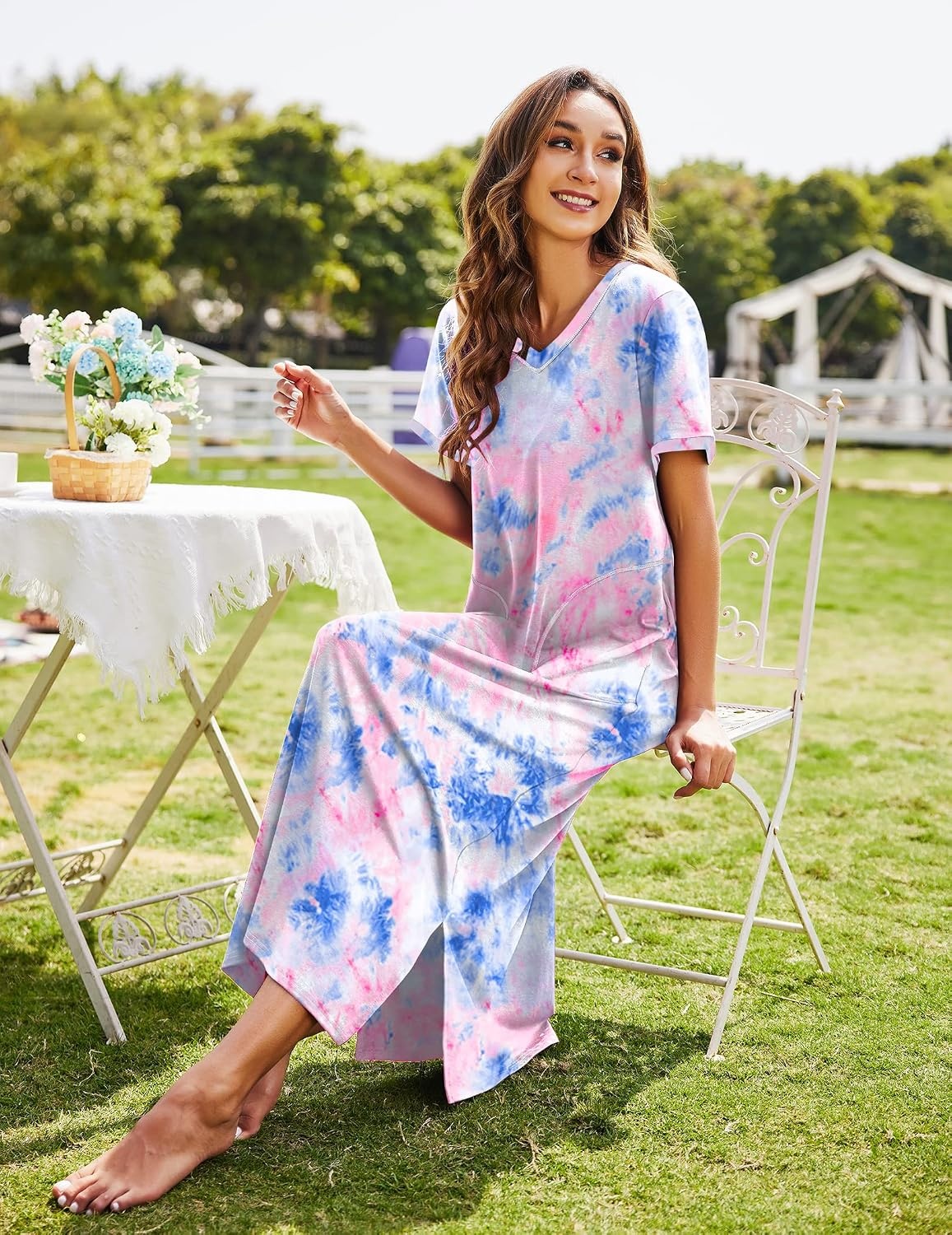 image:imageEkouaer Long Nightgowns for Women Short Sleeve Night Gown with PocketsPat8