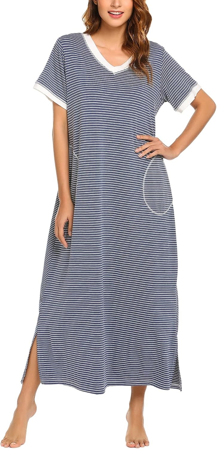 image:imageEkouaer Long Nightgowns for Women Short Sleeve Night Gown with PocketsYarn Dyed Fabric 1
