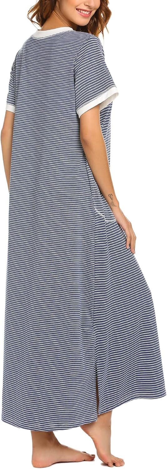 image:imageEkouaer Long Nightgowns for Women Short Sleeve Night Gown with PocketsYarn Dyed Fabric 1