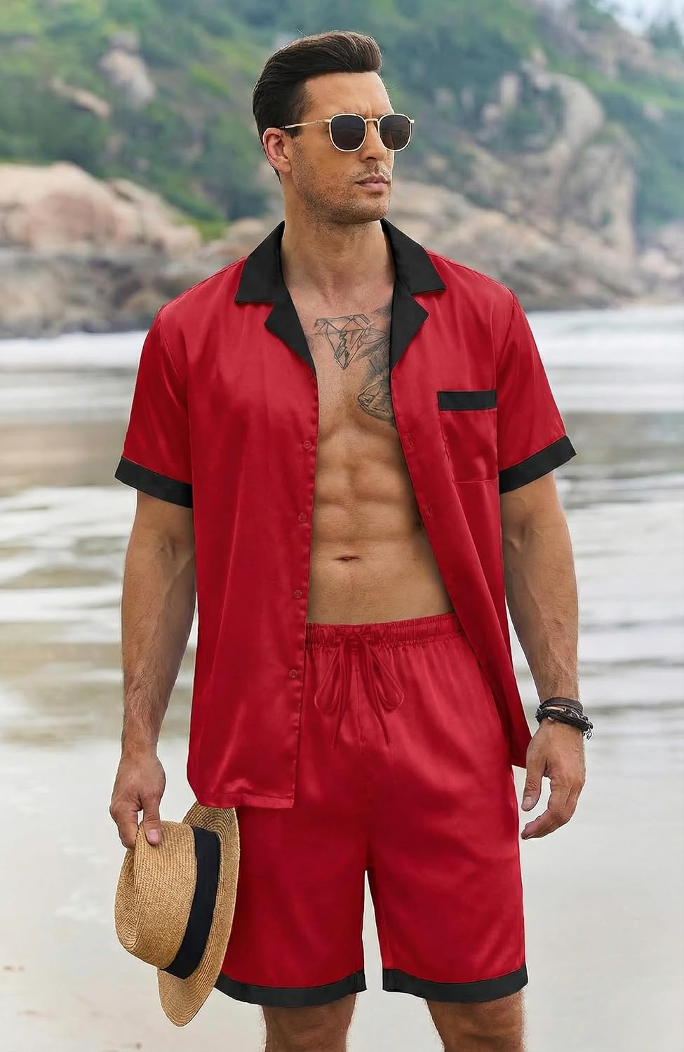 image:imageEkouaer Men Silk Pajamas Set 2 Pieces Satin Pj Button Down Loungewear Sets01 Red