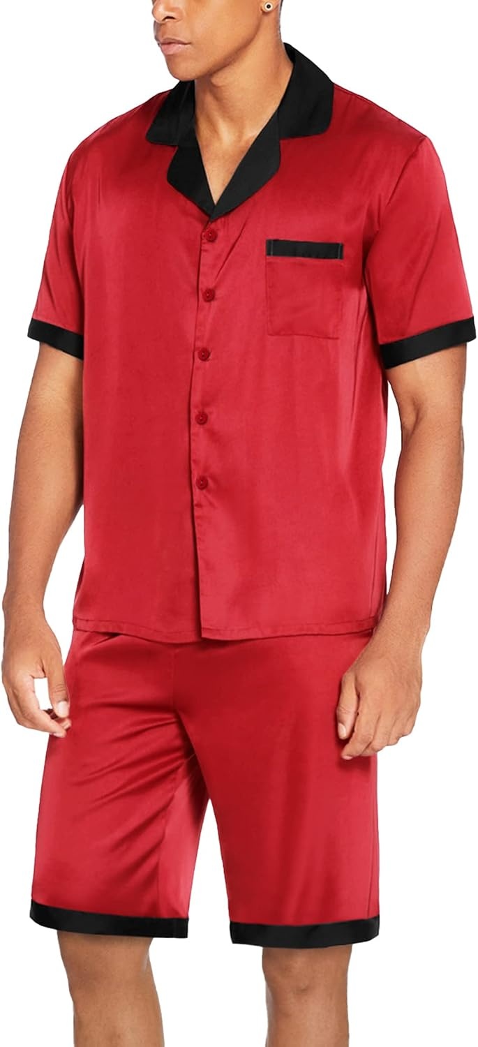 image:imageEkouaer Men Silk Pajamas Set 2 Pieces Satin Pj Button Down Loungewear Sets01 Red