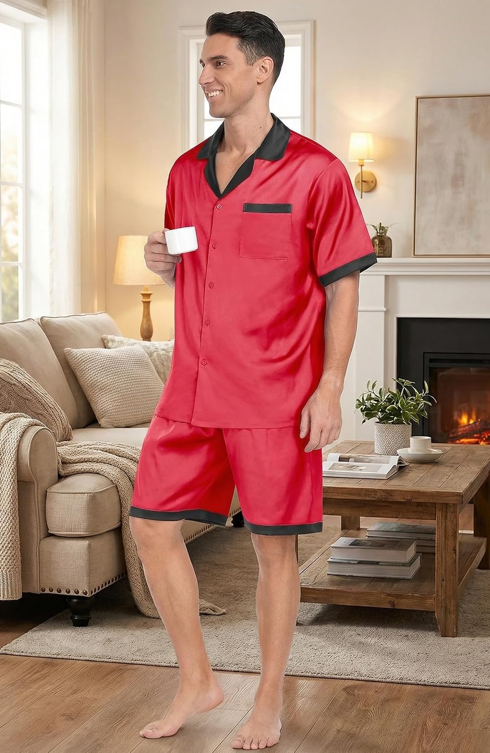 image:imageEkouaer Men Silk Pajamas Set 2 Pieces Satin Pj Button Down Loungewear Sets01 Red