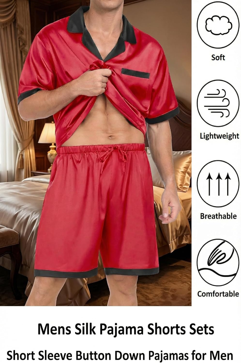 image:imageEkouaer Men Silk Pajamas Set 2 Pieces Satin Pj Button Down Loungewear Sets01 Red