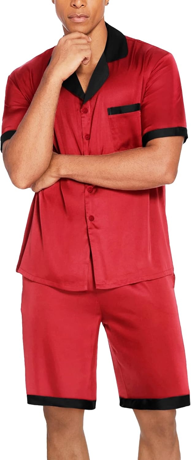 image:imageEkouaer Men Silk Pajamas Set 2 Pieces Satin Pj Button Down Loungewear Sets01 Red