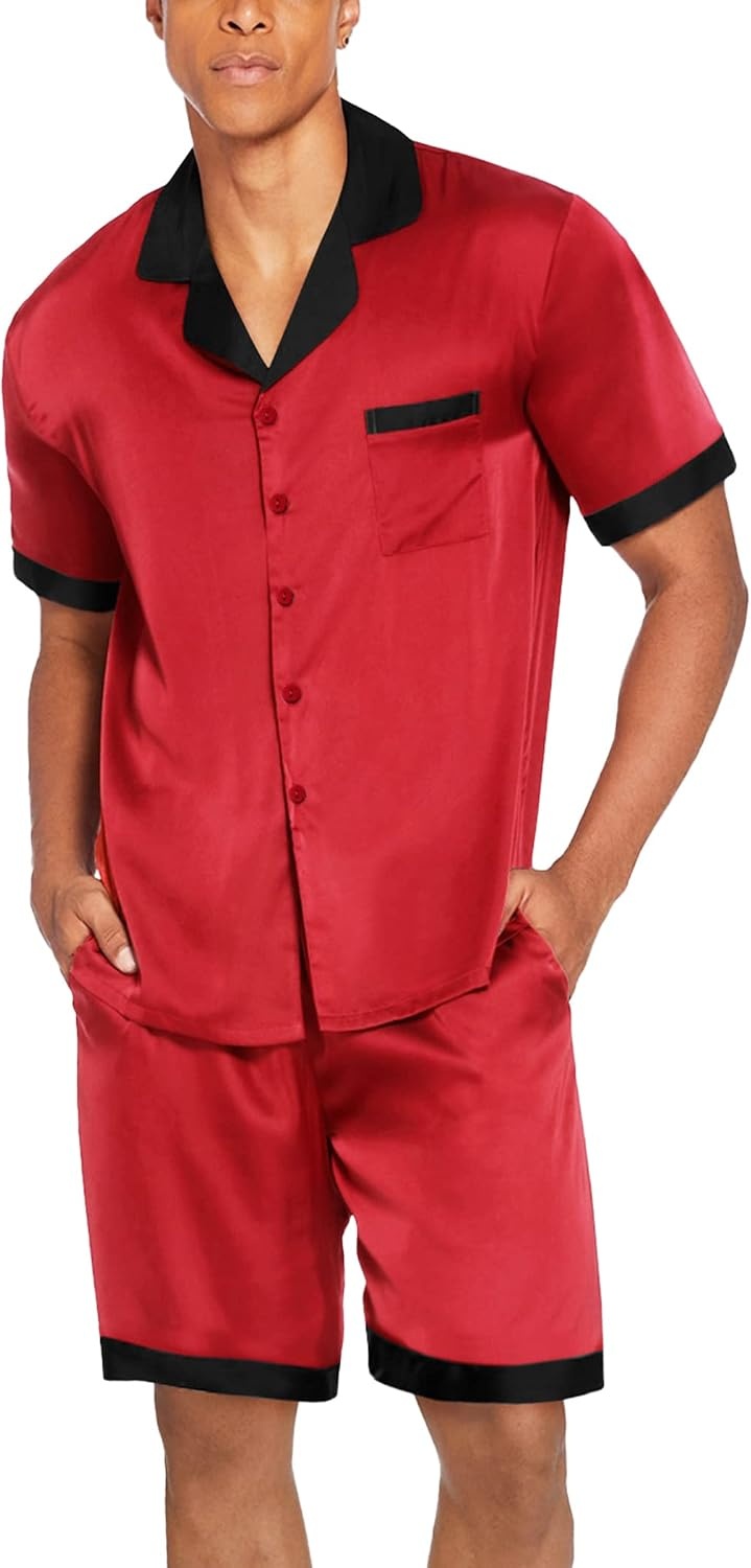 image:imageEkouaer Men Silk Pajamas Set 2 Pieces Satin Pj Button Down Loungewear Sets01 Red