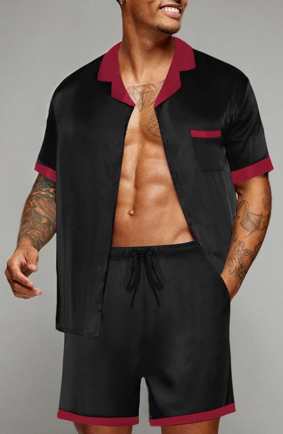 image:imageEkouaer Men Silk Pajamas Set 2 Pieces Satin Pj Button Down Loungewear SetsBlack