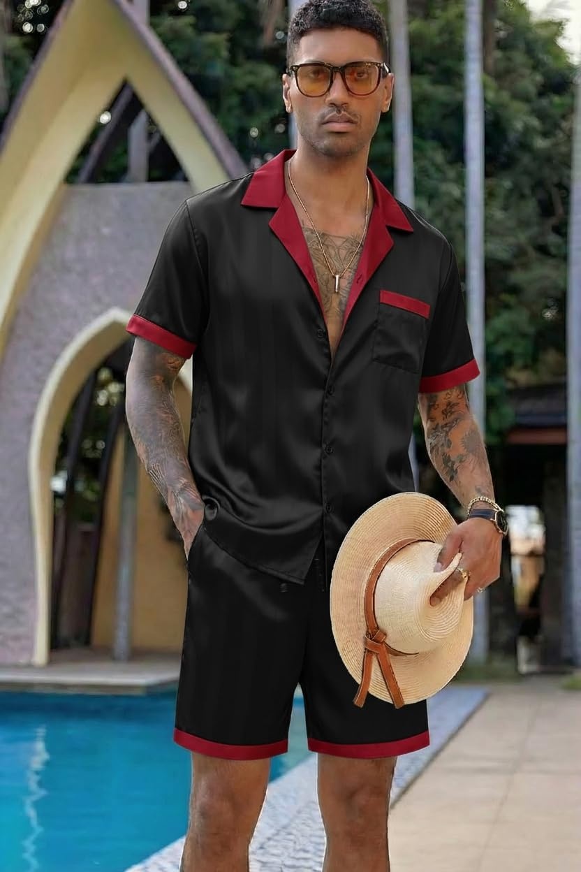 image:imageEkouaer Men Silk Pajamas Set 2 Pieces Satin Pj Button Down Loungewear SetsBlack
