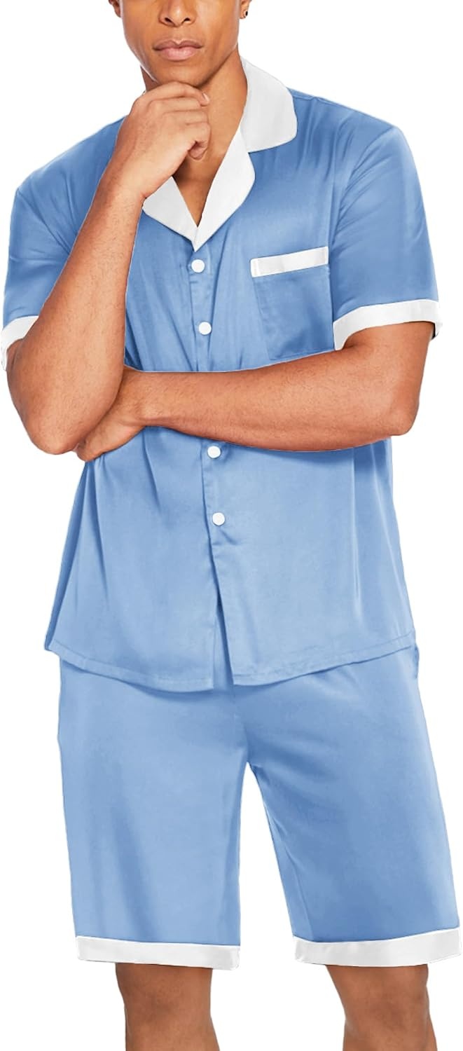 image:imageEkouaer Men Silk Pajamas Set 2 Pieces Satin Pj Button Down Loungewear SetsBlue