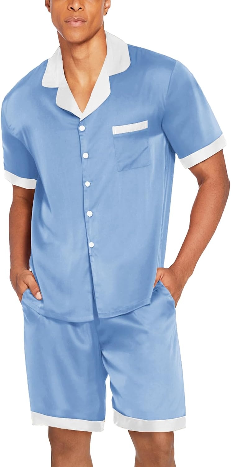 image:imageEkouaer Men Silk Pajamas Set 2 Pieces Satin Pj Button Down Loungewear SetsBlue