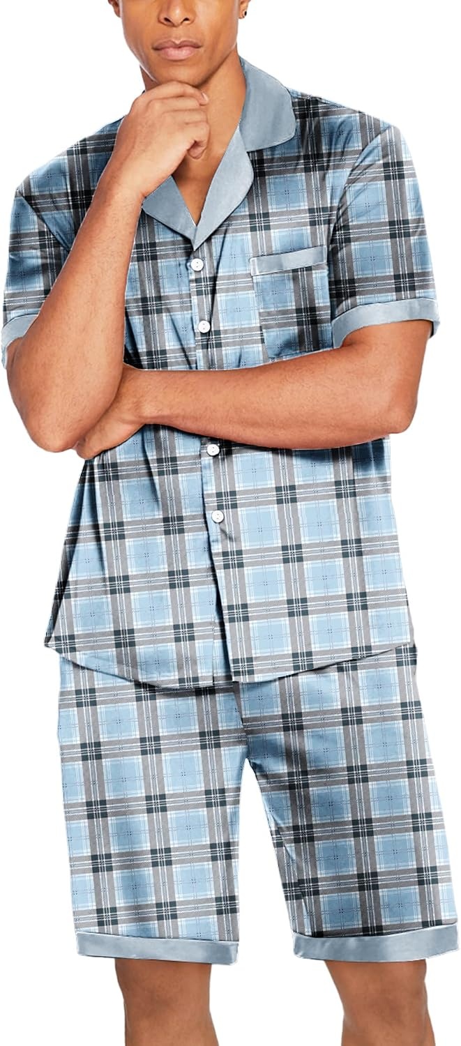image:imageEkouaer Men Silk Pajamas Set 2 Pieces Satin Pj Button Down Loungewear SetsBlue Check