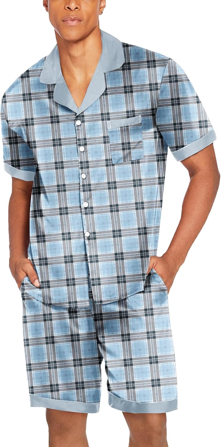 image:imageEkouaer Men Silk Pajamas Set 2 Pieces Satin Pj Button Down Loungewear SetsBlue Check
