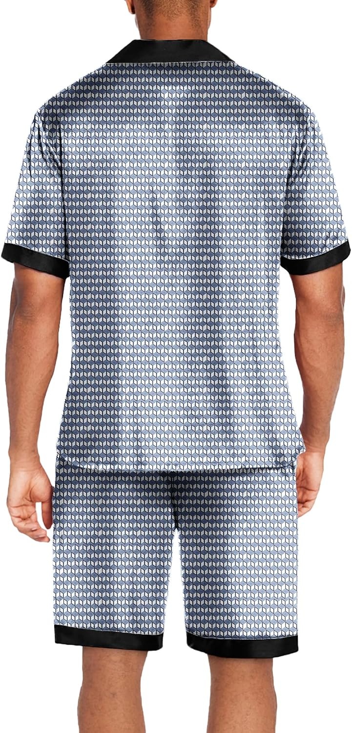 image:imageEkouaer Men Silk Pajamas Set 2 Pieces Satin Pj Button Down Loungewear SetsBlue Geometry