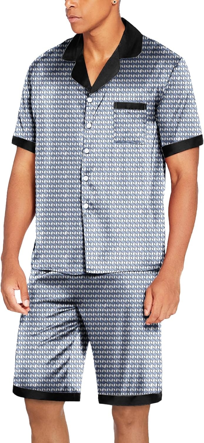 image:imageEkouaer Men Silk Pajamas Set 2 Pieces Satin Pj Button Down Loungewear SetsBlue Geometry