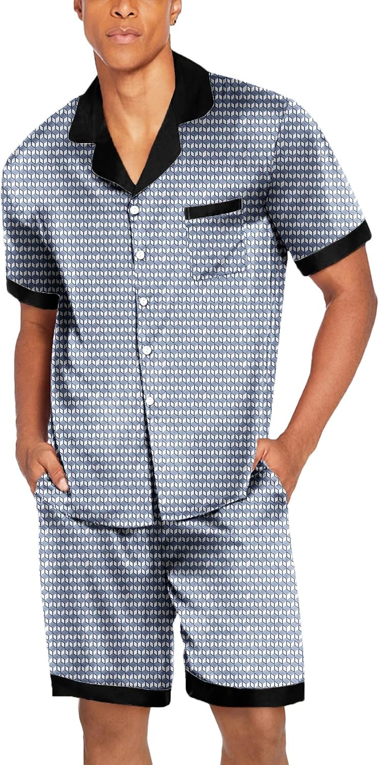 image:imageEkouaer Men Silk Pajamas Set 2 Pieces Satin Pj Button Down Loungewear SetsBlue Geometry