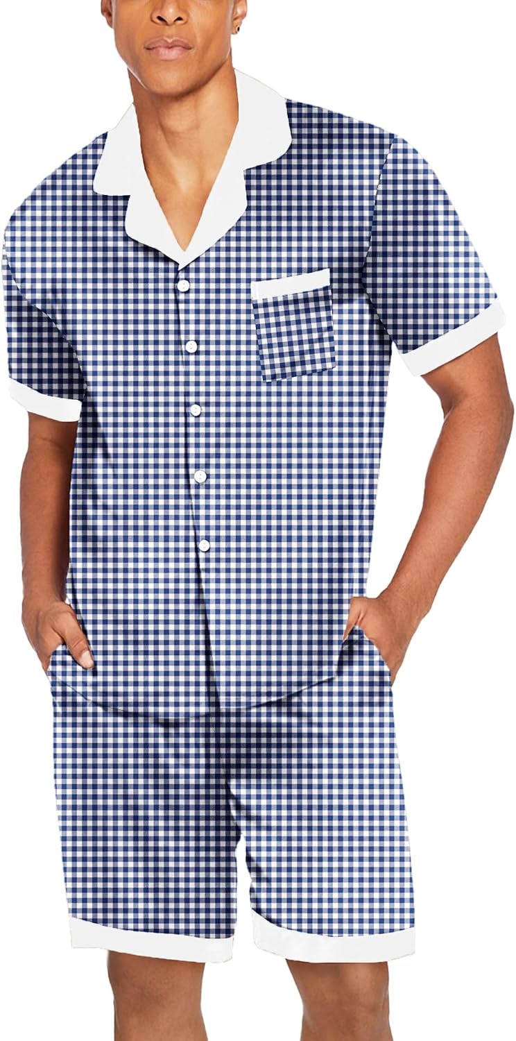 image:imageEkouaer Men Silk Pajamas Set 2 Pieces Satin Pj Button Down Loungewear SetsBlue Plaid
