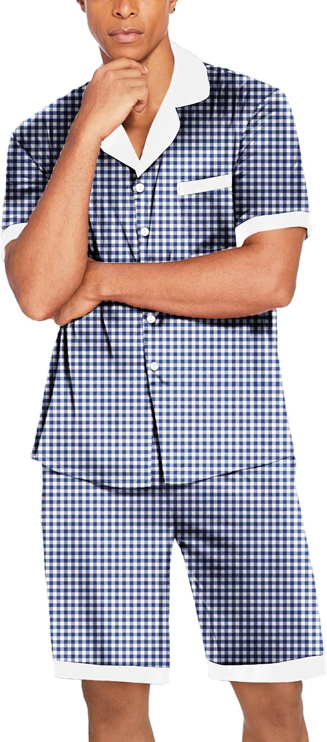 image:imageEkouaer Men Silk Pajamas Set 2 Pieces Satin Pj Button Down Loungewear SetsBlue Plaid