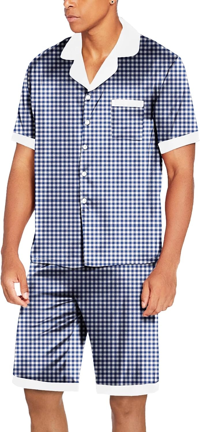 image:imageEkouaer Men Silk Pajamas Set 2 Pieces Satin Pj Button Down Loungewear SetsBlue Plaid