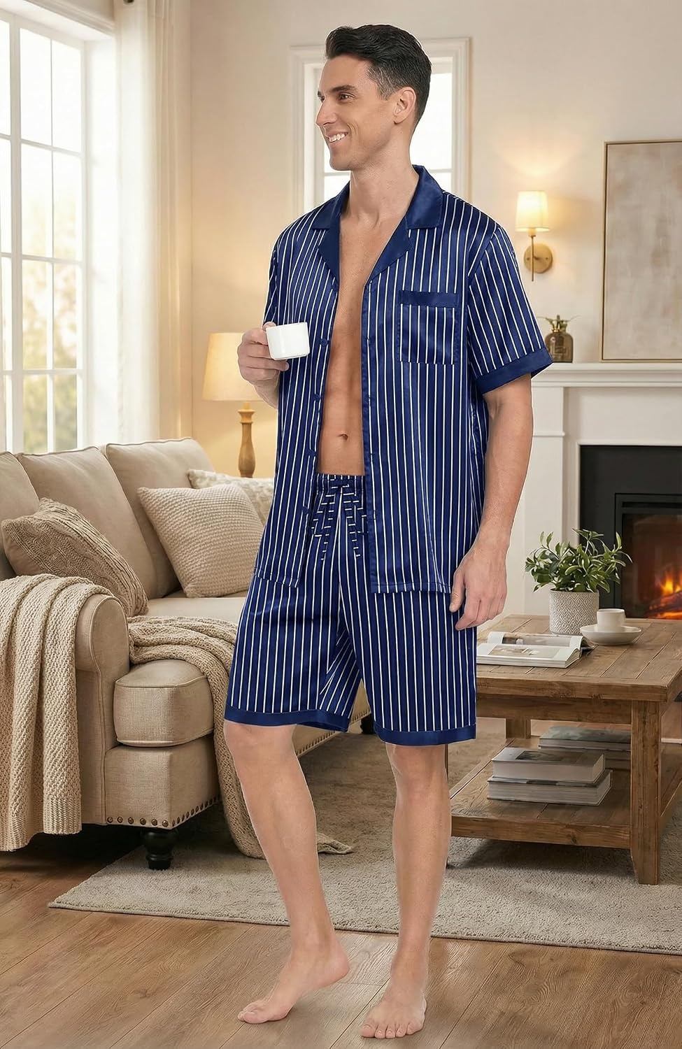 image:imageEkouaer Men Silk Pajamas Set 2 Pieces Satin Pj Button Down Loungewear SetsBlue Striped