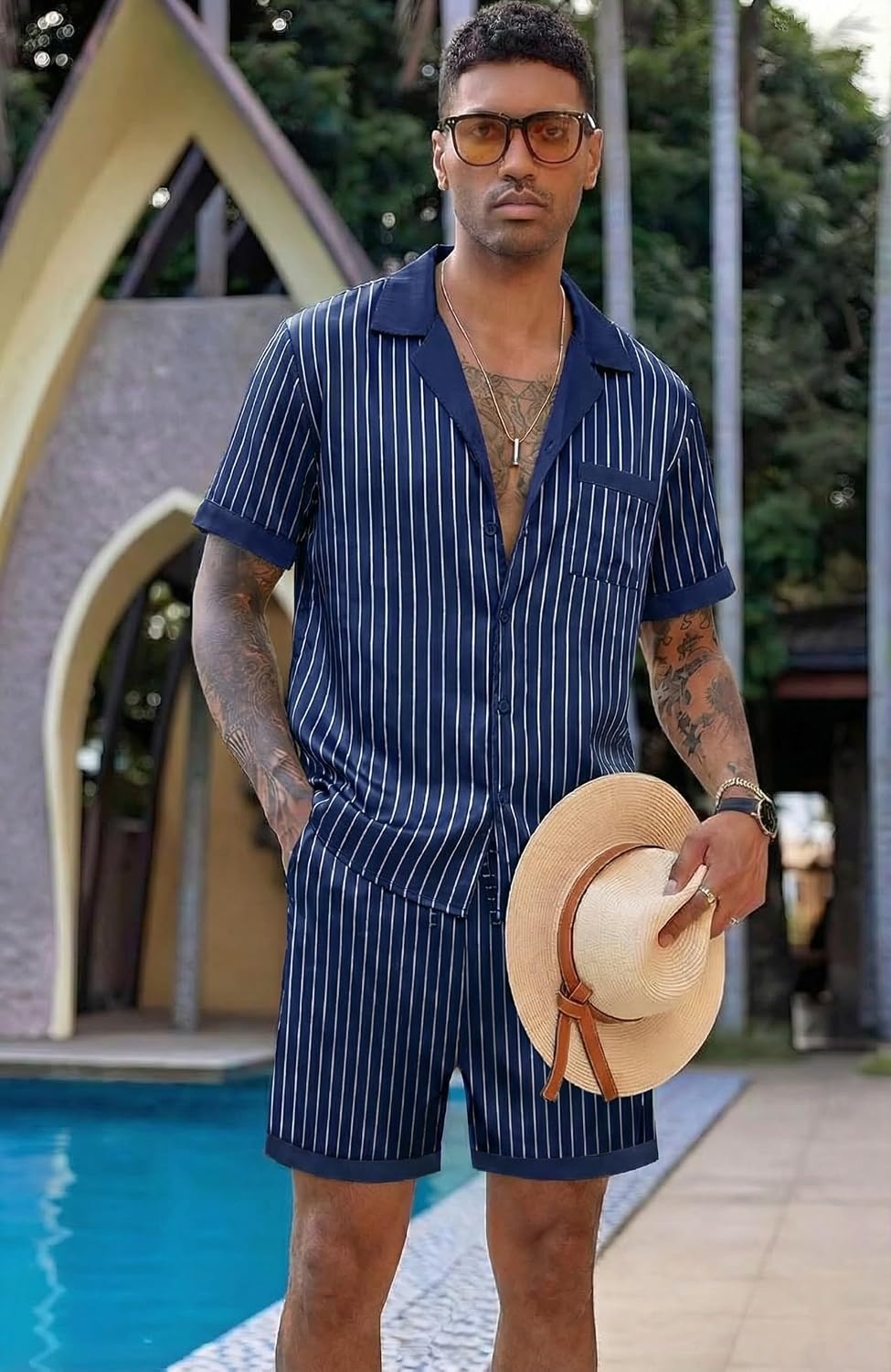 image:imageEkouaer Men Silk Pajamas Set 2 Pieces Satin Pj Button Down Loungewear SetsBlue Striped