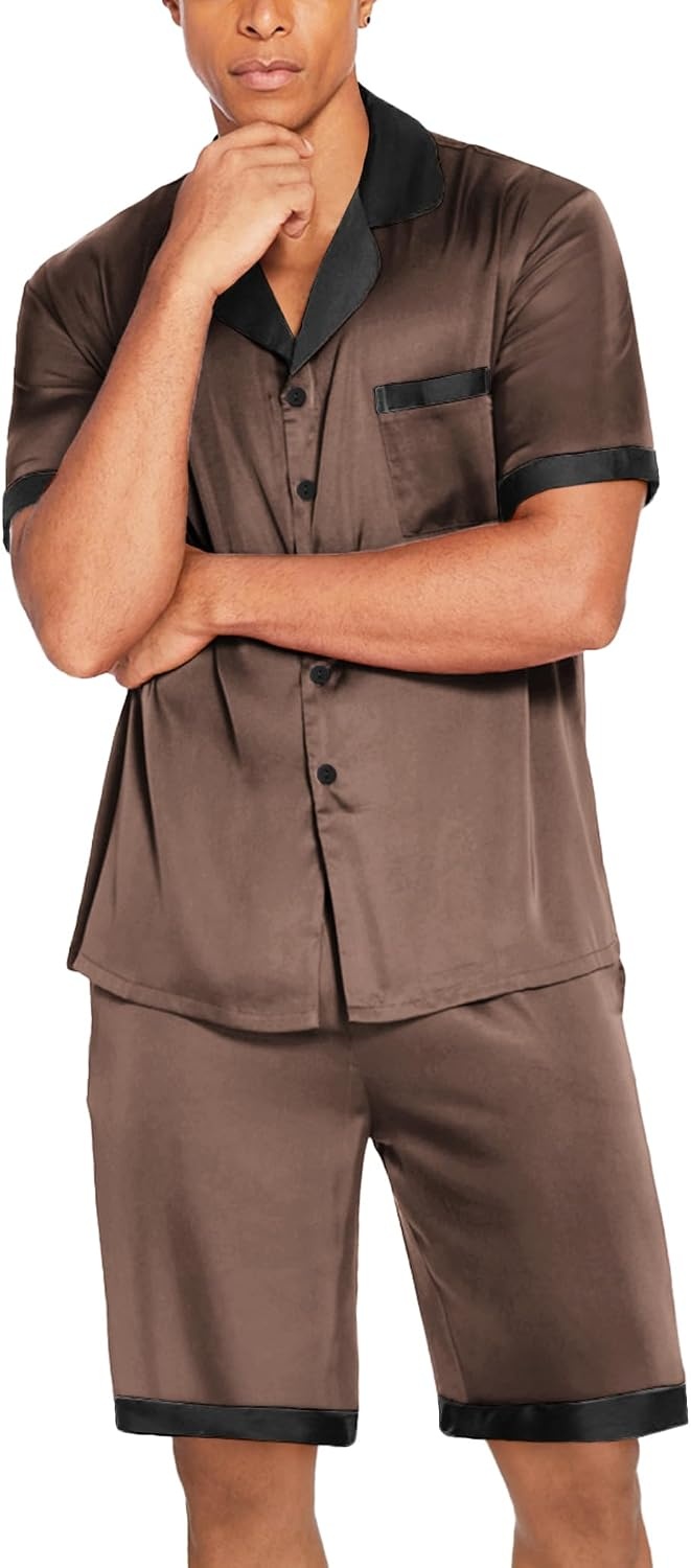 image:imageEkouaer Men Silk Pajamas Set 2 Pieces Satin Pj Button Down Loungewear SetsBrown