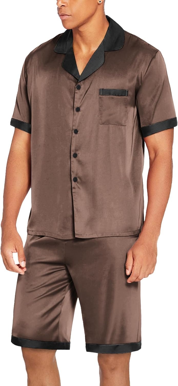 image:imageEkouaer Men Silk Pajamas Set 2 Pieces Satin Pj Button Down Loungewear SetsBrown