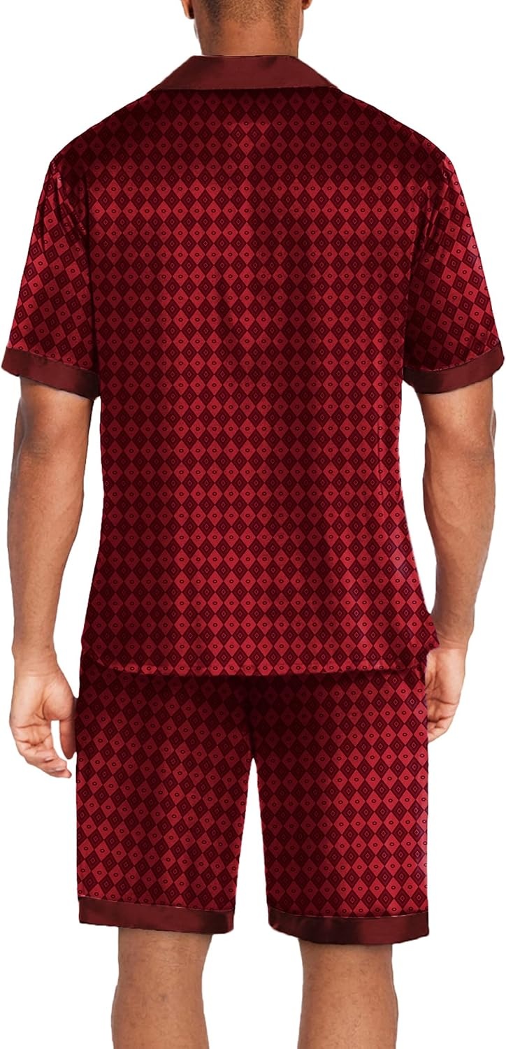 image:imageEkouaer Men Silk Pajamas Set 2 Pieces Satin Pj Button Down Loungewear SetsBurgundy Black