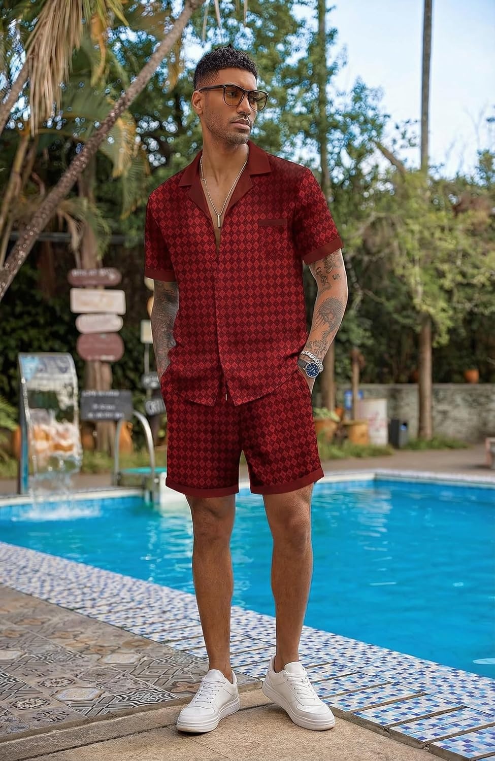 image:imageEkouaer Men Silk Pajamas Set 2 Pieces Satin Pj Button Down Loungewear SetsBurgundy Black