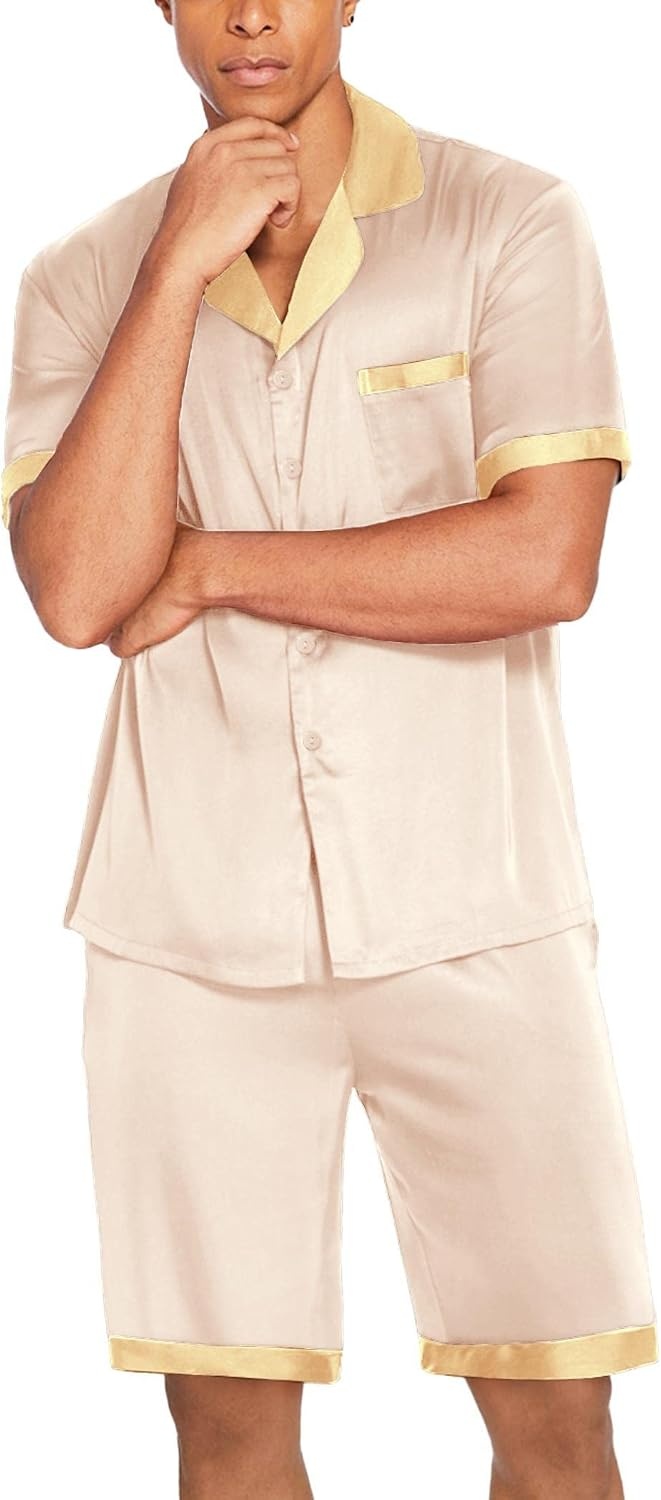 image:imageEkouaer Men Silk Pajamas Set 2 Pieces Satin Pj Button Down Loungewear SetsChampagne