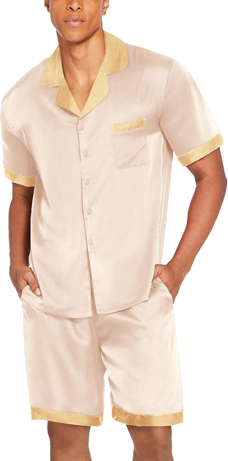 image:imageEkouaer Men Silk Pajamas Set 2 Pieces Satin Pj Button Down Loungewear SetsChampagne