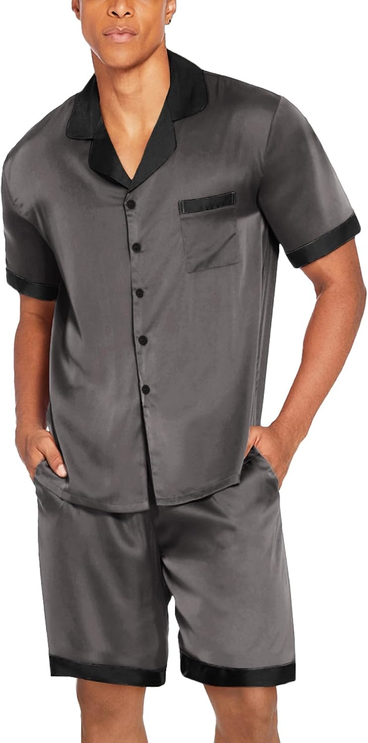 image:imageEkouaer Men Silk Pajamas Set 2 Pieces Satin Pj Button Down Loungewear SetsDark Grey