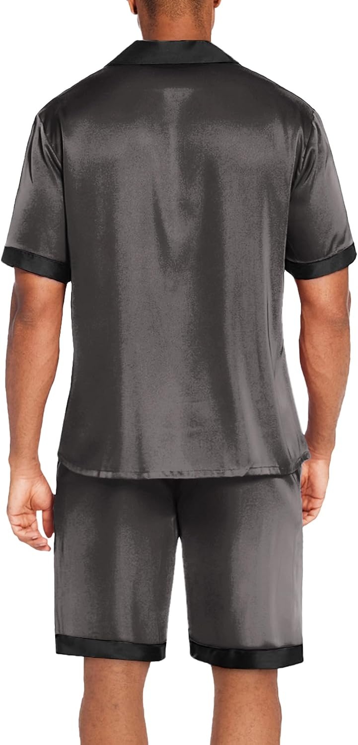 image:imageEkouaer Men Silk Pajamas Set 2 Pieces Satin Pj Button Down Loungewear SetsDark Grey