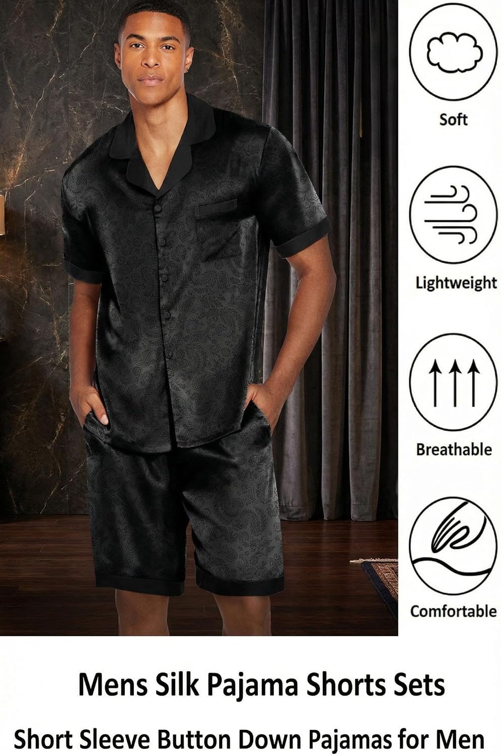 image:imageEkouaer Men Silk Pajamas Set 2 Pieces Satin Pj Button Down Loungewear SetsFloral Embossing