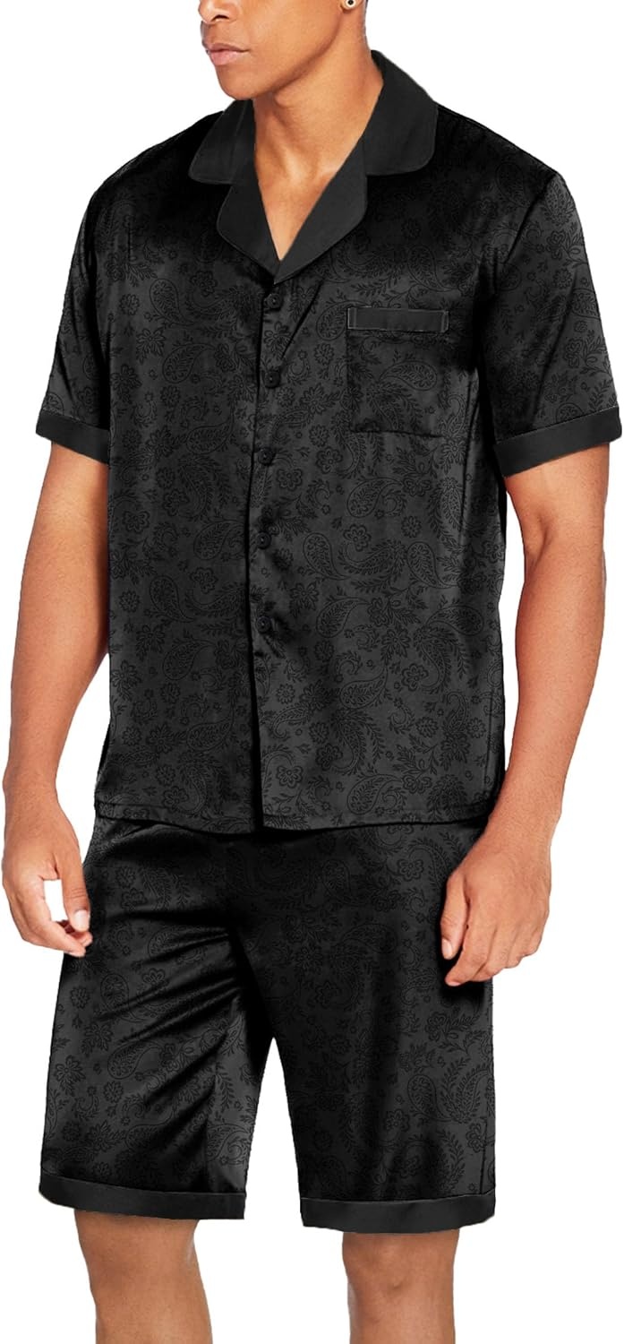 image:imageEkouaer Men Silk Pajamas Set 2 Pieces Satin Pj Button Down Loungewear SetsFloral Embossing