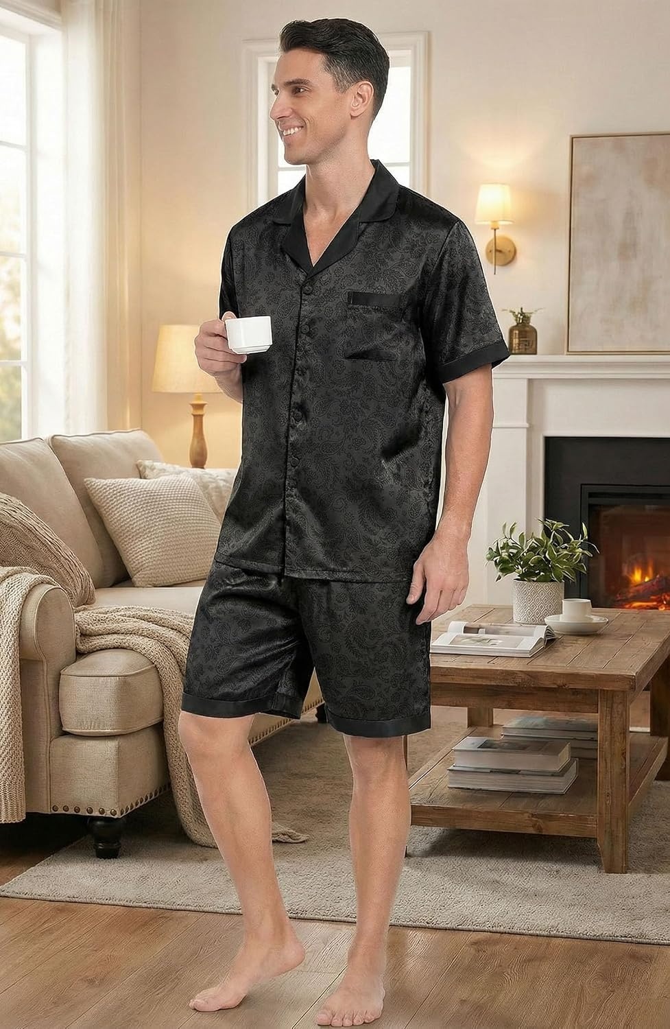 image:imageEkouaer Men Silk Pajamas Set 2 Pieces Satin Pj Button Down Loungewear SetsFloral Embossing
