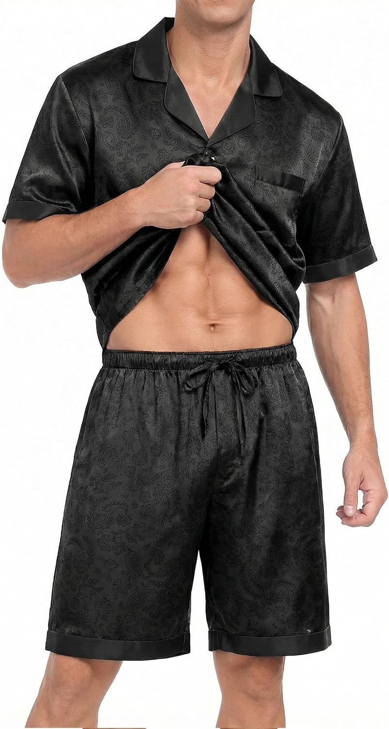image:imageEkouaer Men Silk Pajamas Set 2 Pieces Satin Pj Button Down Loungewear SetsFloral Embossing