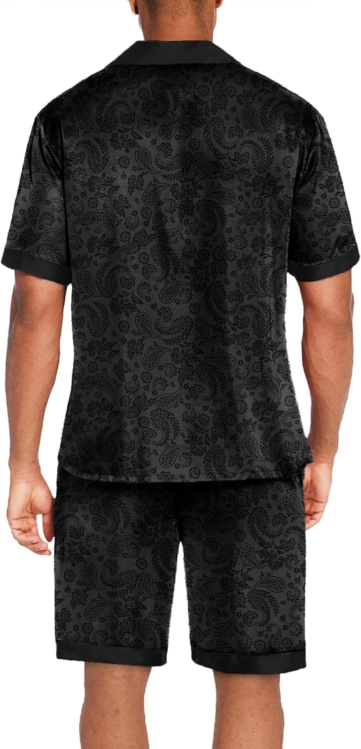 image:imageEkouaer Men Silk Pajamas Set 2 Pieces Satin Pj Button Down Loungewear SetsFloral Embossing