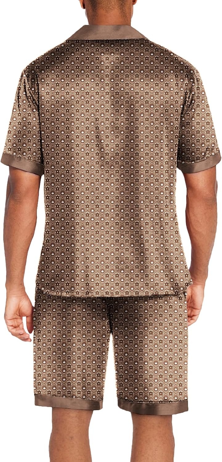 image:imageEkouaer Men Silk Pajamas Set 2 Pieces Satin Pj Button Down Loungewear SetsGeometric Gold